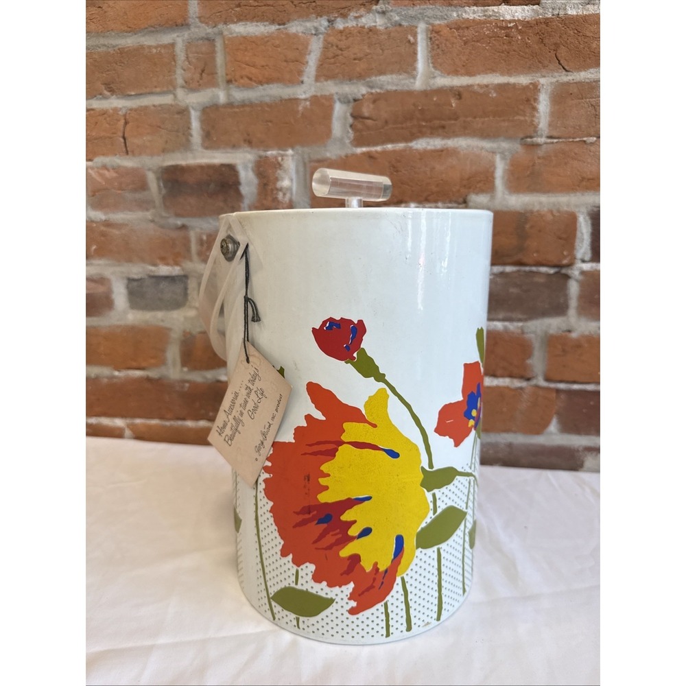 Ice Bucket 11"  Floral Design Red Blue Yellow Acrylic handle VTG Georges Briard